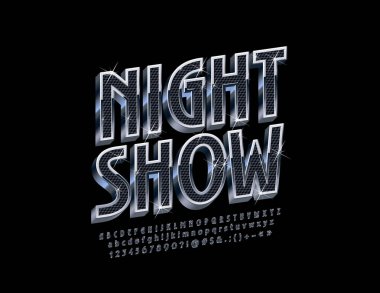 Vektör lüks gece Logo göstermek. Siyah Gümüş ve gümüş parlak yıldız ile 3d yazı tipi. Şık alfabe harfler, sayılar ve simgeler kümesi