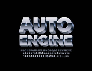 Vektör endüstriyel işareti otomatik motor 3d metalik yazı tipi. Parlak gümüş alfabesi harfleri, sayıları ve sembolleri.