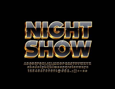Vektör lüks işareti gece parti. Şık zengin yazı tipi. Parlak siyah ve altın alfabesi harfleri, sayıları ve sembolleri.