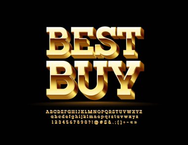 Altın etiket Best Buy 3d lüks yazı tipi ile vektör. Parlak şık alfabesi harfleri, sayıları ve sembolleri.