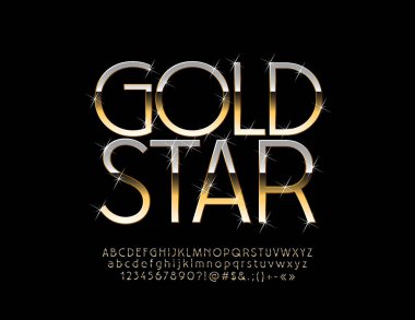 Vektör şık Logo altın yıldız. Parlak yıldız ile parlak yazı tipi. Lüks alfabesi harfleri, sayıları ve sembolleri ince.