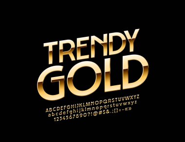 Vektör trendy altın yazı tipi. Şık alfabesi harfleri, sayıları ve sembolleri döndürülmüş.