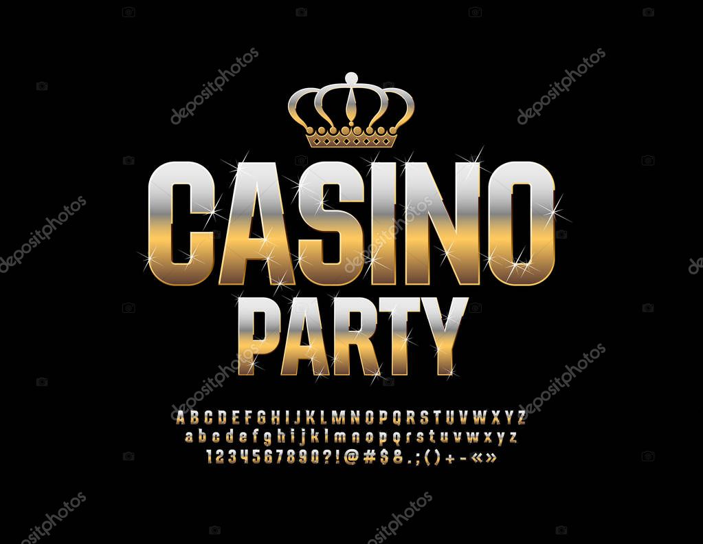 Vector royal Casino Party Emblem with Crown. Golden Font with sparkling Stars. Luxury Alphabet Letters, Numbers and Symbols.