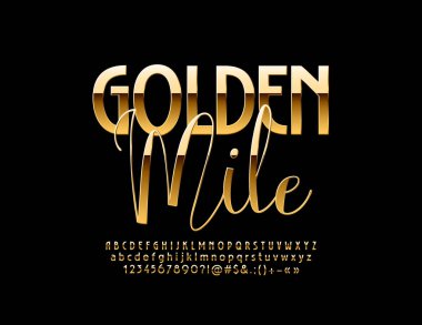 Vektör şık Logo Golden Mile. Parlak lüks yazı tipi. Zarif parlak alfabesi harfleri, sayıları ve sembolleri.