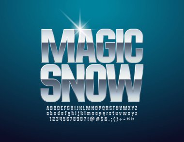 Vektör gümüş amblemi Magic kar parlak parlak yazı tipiyle. Krom alfabesi harfleri, sayıları ve sembolleri.