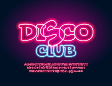 Neon tabela Disco Club vektör. Parlak kırmızı yazı tipi. Parlak aydınlatma alfabesi harfleri, sayıları ve sembolleri. 