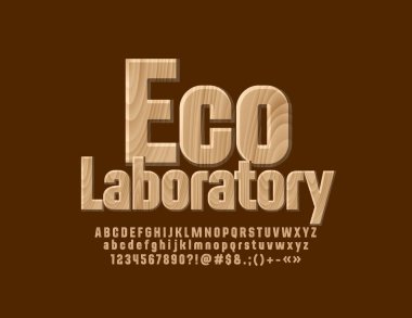 Vektör parlak işareti metin Eco laboratuar ile. Ahşap dokulu yazı tipi. Şık alfabe harfler, sayılar ve simgeler kümesi.