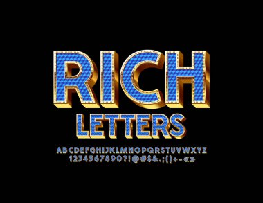 Lüks mavi ve altın alfabesi harfleri, sayıları ve sembolleri vektör. Zengin 3d yazı tipi.