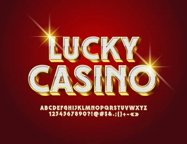 Lüks Logo Lucky Casino vektör. Kraliyet alfabesi harfleri, sayıları ve sembolleri. Şık beyaz ve altın 3d yazı tipi. 