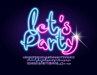Hadi Neon amblemi vektör parti. Parlayan alfabe harfler, sayılar ve simgeler. Renkli oynak yazı tipi.