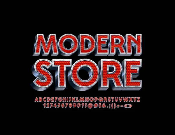 Vector Silver Red Elegante Fonte Com Emblema Modern Store Alfabeto — Vetor de Stock