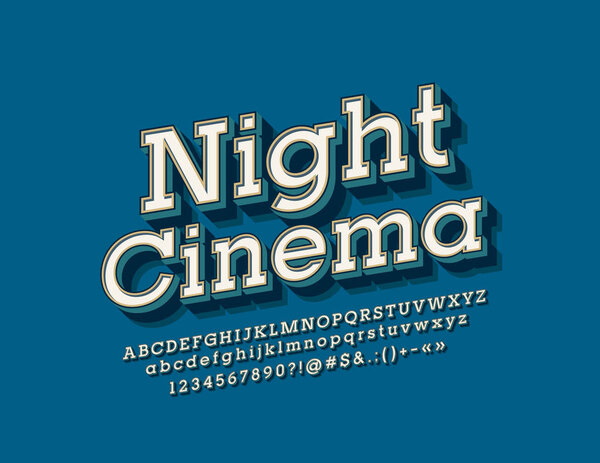 Vector stylish Emblem Night Cinema. Retro bright 3D Font. Vintage Alphabet Letters, Numbers and Symbols.