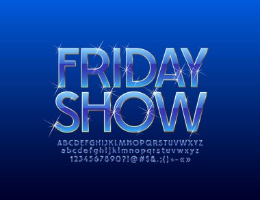 Vektör lüks Cuma işaret. Parlak yıldız ile şık zengin Font. Parlak mavi ve altın alfabesi harfleri, sayıları ve sembolleri.