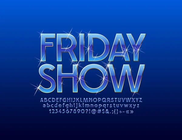 Vektör lüks Cuma işaret. Parlak yıldız ile şık zengin Font. Parlak mavi ve altın alfabesi harfleri, sayıları ve sembolleri.