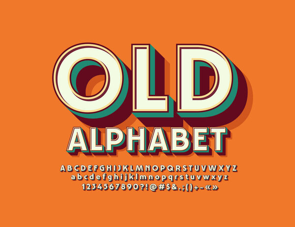 Old classic Font. Vector Retro style 3D Alphabet Letters, Numbers and Symbols.