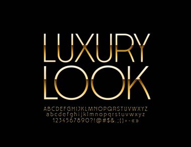 Vektör şık amblemi lüks bak. Kraliyet Altın benzersiz yazı tipi. Elite ince Alfabe harf, sayı ve sembol.