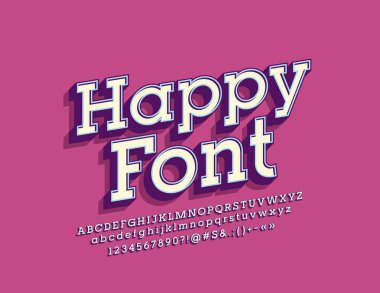 3D Retro tarzı mutlu yazı tipi vektör. Vintage zarif alfabesi harfleri, sayıları ve sembolleri.