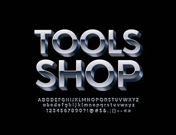矢量工业标志工具商店与3D 金属字体 银字母 数字和符号 — 图库矢量图片