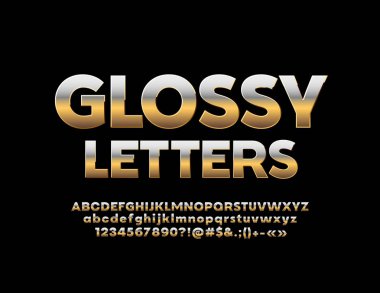 Vektör parlak altın yazı tipi. Lüks alfabesi harfleri, sayıları ve sembolleri.