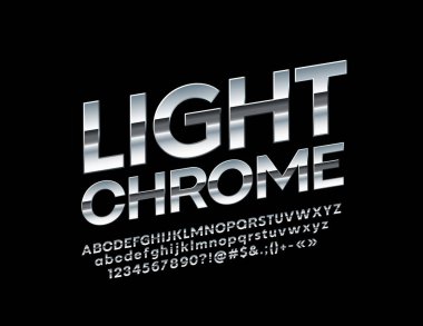 Döndürülmüş krom alfabe harfler, sayõlar ve semboller. Vektör şık gümüş yazı tipi. 