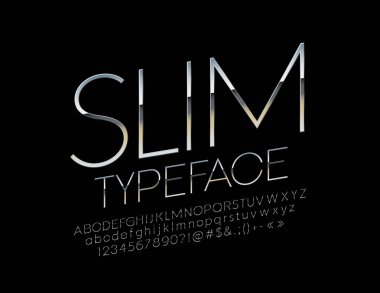 Vektör gümüş yazı tipi döndürülmüş. Metalik ince alfabesi harfleri, sayıları ve sembolleri.