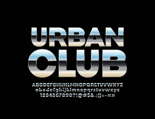 明るいシルバーのロゴのテキストの都市クラブ クロム アルファベット 数字および記号のベクターを設定します 金属のグラデーション フォント — ストックベクタ