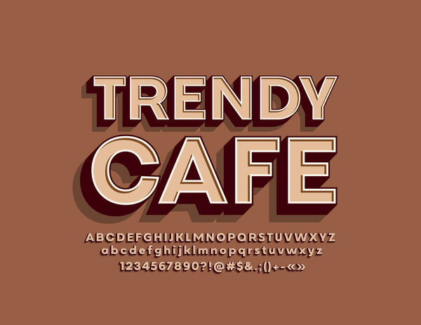 Vector bright Sign Trendy Cafe. Vintage 3D Font. Stylish Retro Alphabet Letters, Numbers and Symbols. 