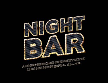 Lüks amblemi gece Bar. Vektör siyah elmas desenle altın alfabesi harfleri, sayıları ve sembolleri. Parlak şık yazı tipi.