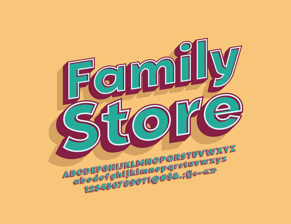 Vector retro emblem Family Store with Trendy Font. Hipster style 3D Alphabet Letters, Numbers and Symbols 