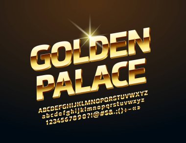 Amblem Golden Palace şık yazı tipi ile vektör. Lüks parlak 3d alfabesi harfleri, sayıları ve sembolleri