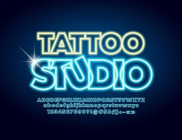 Etiqueta Moda Vectorial Tattoo Studio Con Fuente Neón Brillante Iluminación — Vector de stock