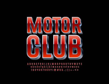 Vektör şık logo izometrik yazı tipi ile Motor kulübünden. Kırmızı ve gümüş alfabesi harfleri