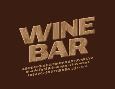 Eco tahta logo Wine Bar dokulu alfabesi harfleri, sayıları ve sembolleri ile vektör. Ağaç desen yazı tipi