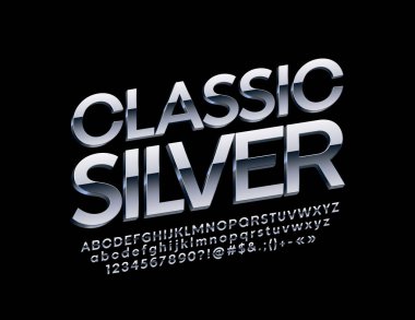 Klasik gümüş alfabesi harfleri, sayıları ve sembolleri vektör. Yansıtıcı metal yazı tipi 