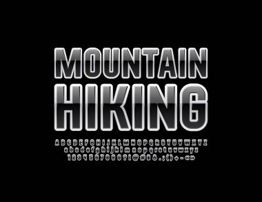 Vektör amblemi dağ Hiking Trendy yazı tipi ile. Siyah parlak alfabesi harfleri, sayıları ve sembolleri 