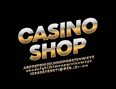 Vektör parlak işareti Casino Dükkanı. Lüks altın alfabesi harfleri, sayıları ve sembolleri döndürülmüş. Yansıtıcı elite yazı tipi.