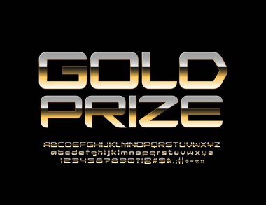 Parlak işareti Altın Ödülü ile lüks alfabesi harfleri, sayıları ve sembolleri vektör. Metalik degrade yazı tipi. 