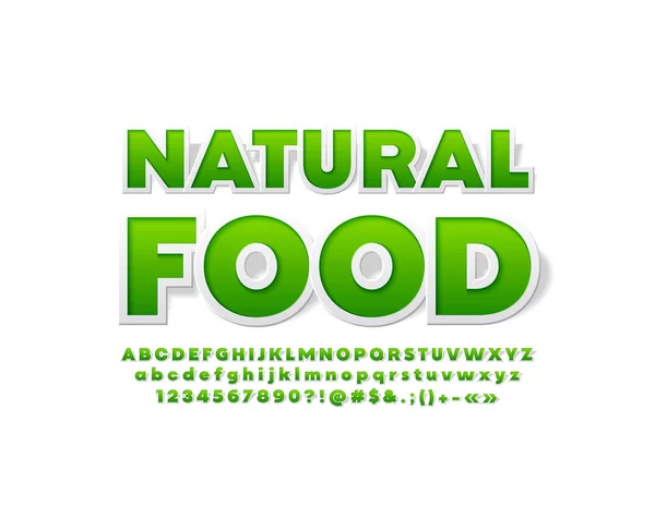 矢量明亮标志天然食品 贴纸字体 绿色字母 数字和符号 — 图库矢量图片
