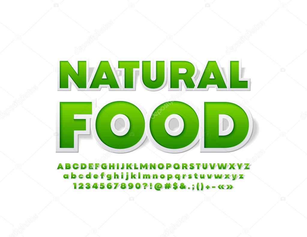 Vector bright Emblem Natural Food. Sticker Font. Green Alphabet Letters, Numbers and Symbols.