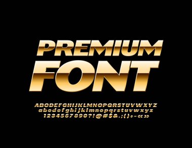 Sigorta primi altın alfabesi harfleri, sayıları ve sembolleri vektör kümesi. Metalik degrade yazı tipi. 