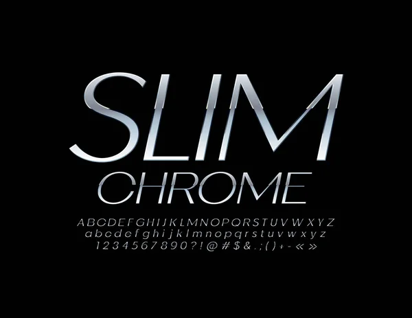Vector Brillante Slim Chrome Font Letras Símbolos Del Alfabeto Plata — Vector de stock