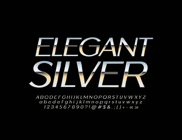 Vector Elegante Silver Font Letras Números Símbolos Alfabeto Metálico — Vetor de Stock