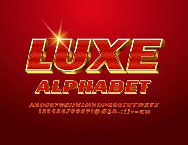 Vektör Luxe alfabesi ile kırmızı ve altın harfler, sayılar ve simgeler. Şık 3d yazı tipi
