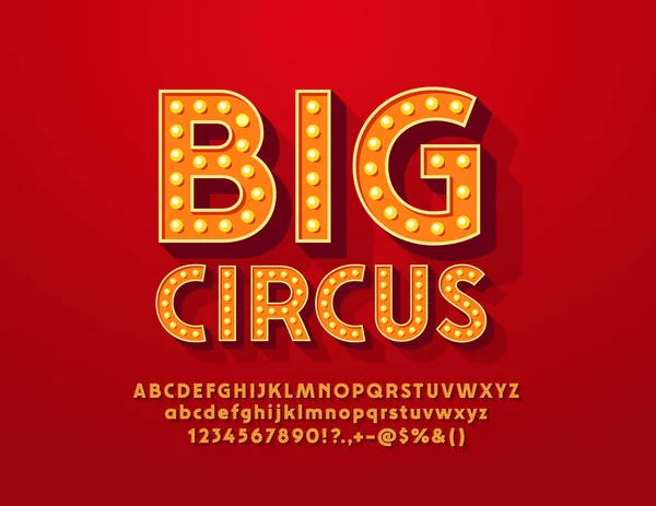 Parlak afiş Big Show Vintage yazı tipi ile vektör. Lamba ışıklı alfabesi harfleri, sayıları ve sembolleri.