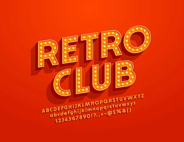 Vektör parlak logo ışıklı yazı tipiyle Retro Club. Vintage elektrikli lamba alfabesi harfleri, sayıları ve sembolleri