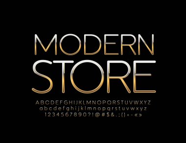 Vektör altın parlak Font amblem modern Store ile. Lüks alfabe harfler seti. 