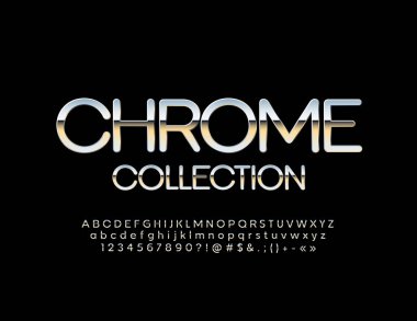 Alfabe harfler, sayılar ve semboller vektör krom koleksiyonu. Gümüş zarif alfabe. Yansıtıcı metalik yazı tipi