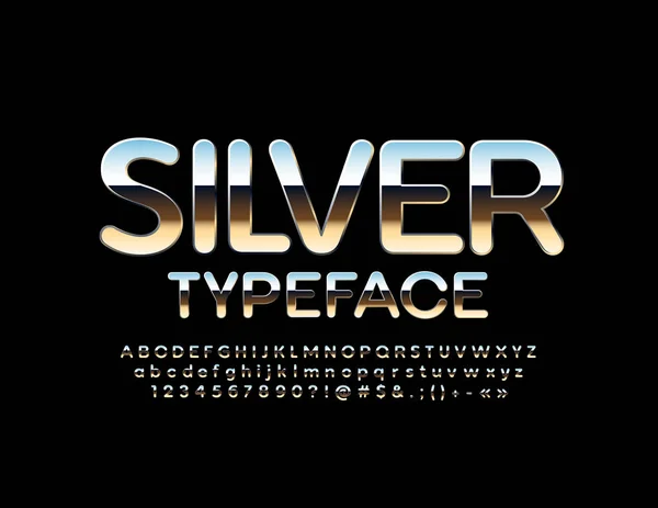 Vector Silver Alphabet Lettres Chiffres Symboles Polices Réfléchissantes Métalliques — Image vectorielle
