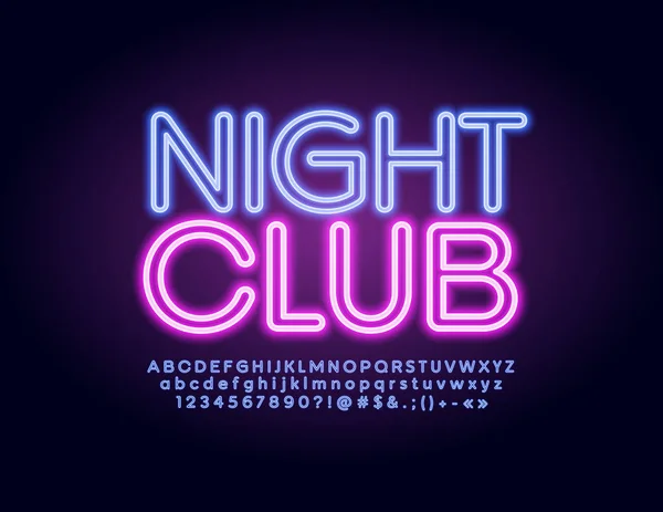 Vektör amblemi gece kulübü çağdaş parlayan alfabesi ile aydınlatılmış. Neon modaya uygun yazı tipi. Menekşe harfler, sayılar ve simgeler