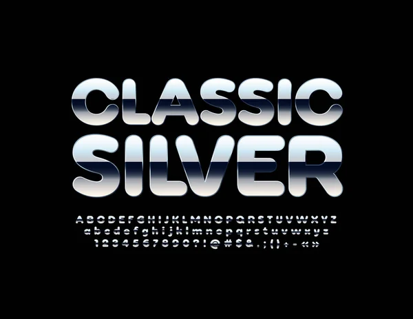 Vector Classic Silver Alphabet Letters Numbers Symbols Fuente Metal Chic — Vector de stock